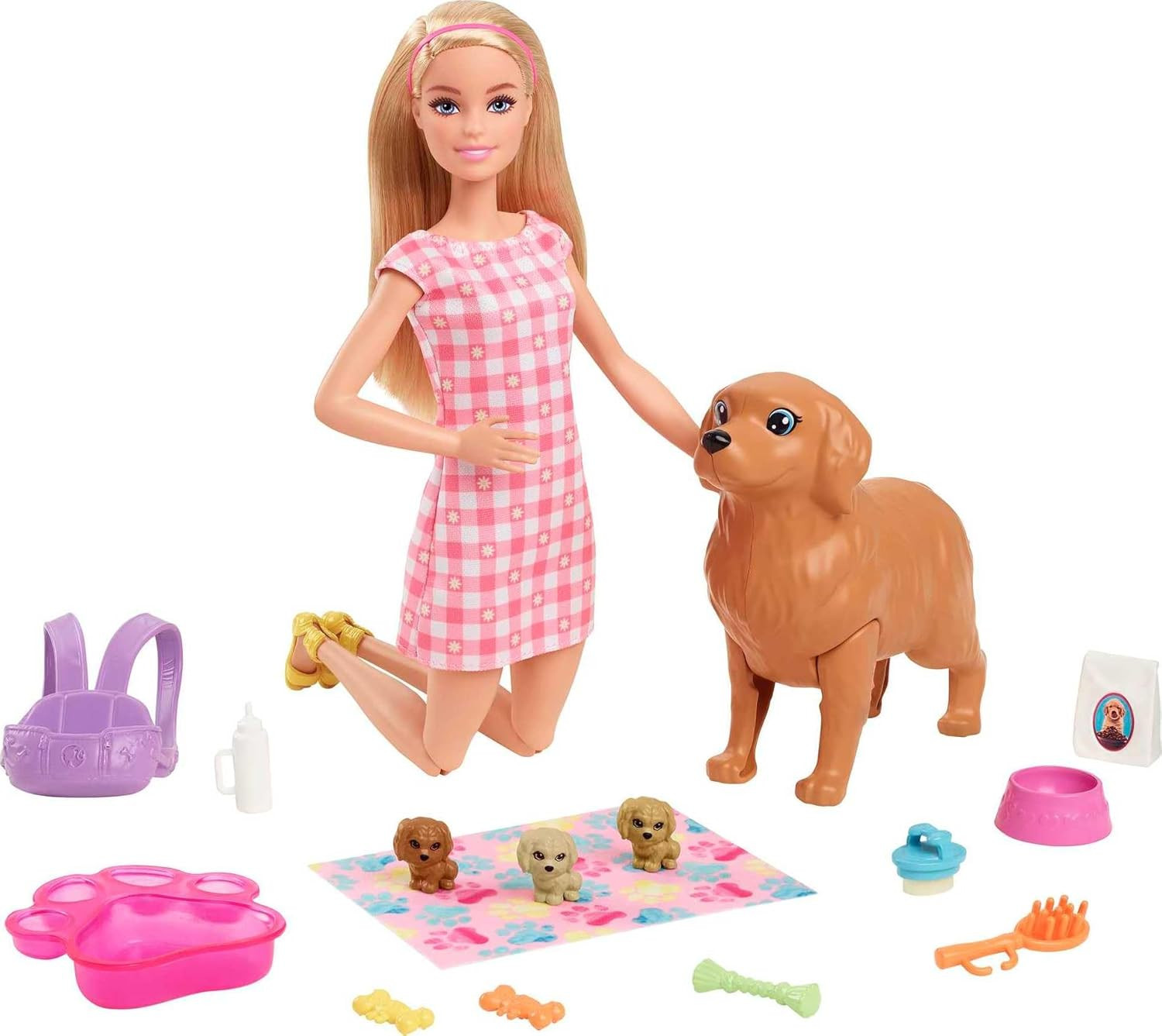 Doll & Pets Set, Blonde with Mommy Dog, 3 Newborn Puppies wi