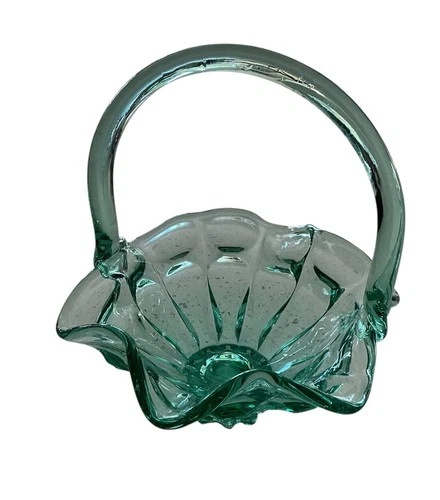 Fenton Green Glass Valencia Basket 6" Tall ~ Fluted Glass Candy Dishes