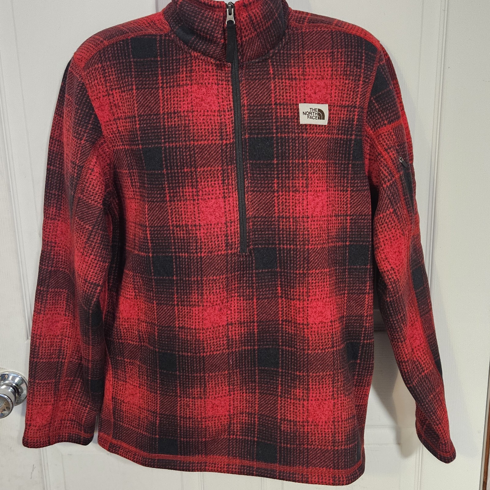 The North Face Red Black Plaid Fleece 1/4 Zip Pullover Sweatshirt Mens Size M