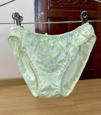 Vintage Light Green Polyester Panty Silky Hi Cut Bikini Floral Lace Brief Sz.5
