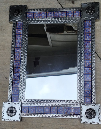 Vintage Mexican Talavera Folk Art Hand Painted Tile Wall Mirror Metal Frame