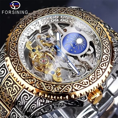 Reloj para hombre Forsining Skeleton tallado tourbillon mecánico esfera lunar 