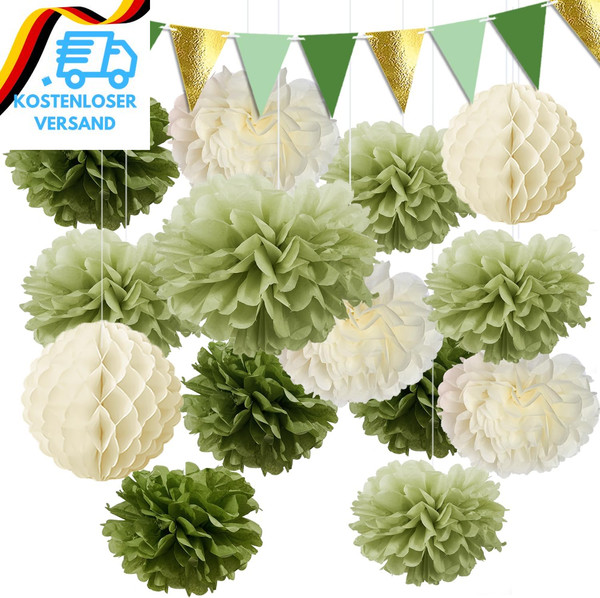 Syoulin Pompons Deko,SalbeigrüN OlivgrüN Beige Seidenpapier Papierblumen,-Geeign-image