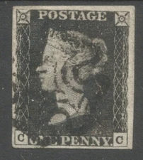 GB  QV 1840 Penny Black , (CC) VERY  , FINE Used 4 margins Black  Maltese Cross