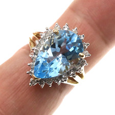 14k Solid Yellow Gold 5ct Pear Natural Blue Topaz Diamond HALO Ring Size 7.25