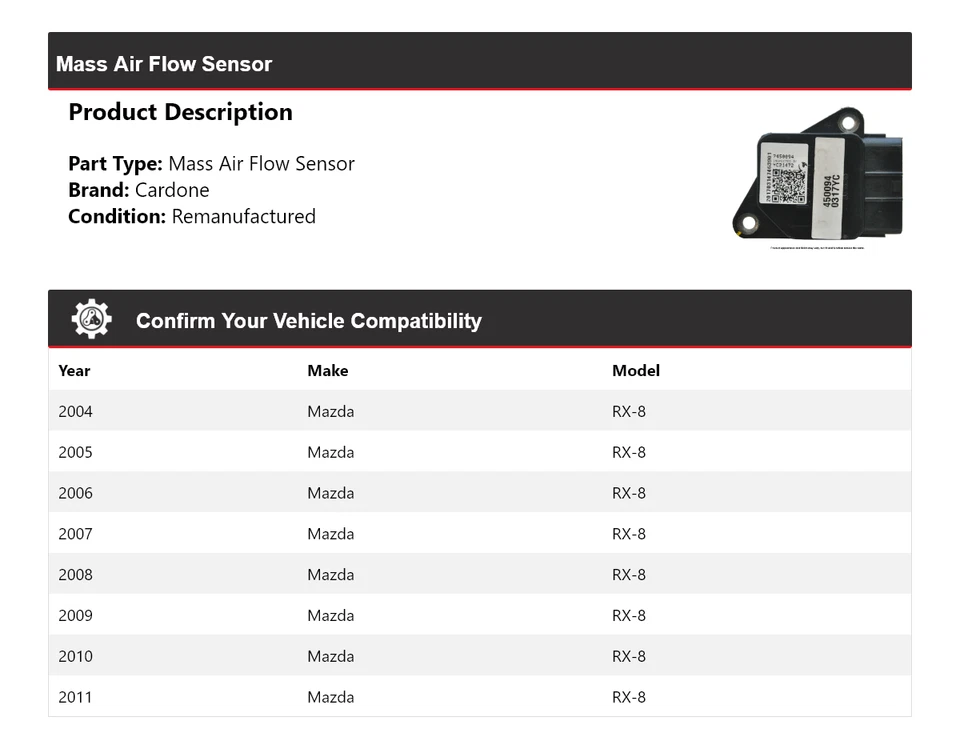 Sensor de flujo de aire másico Cardone 2005 2006 2007 2008 2009 para Mazda RX-8 2004-2011 Foto 2 de 4