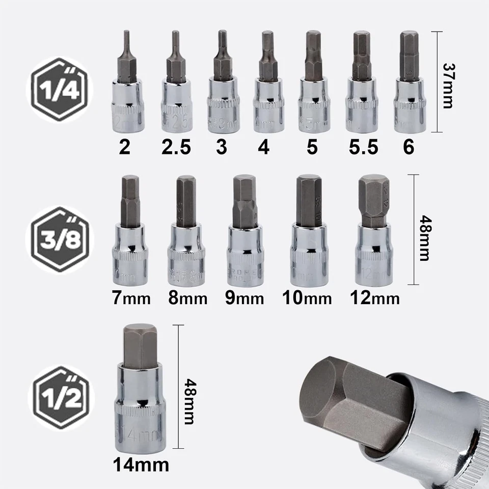 Hex Bit Socket Set Premium S2 Alloy Steel | 13-Piece Metric 2Mm - 14Mm Allen Soc - Image 3 of 4