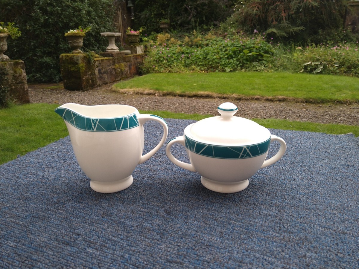 Aynsley Vermont Fine Bone China Cream Jug Sugar Bowl White Teal