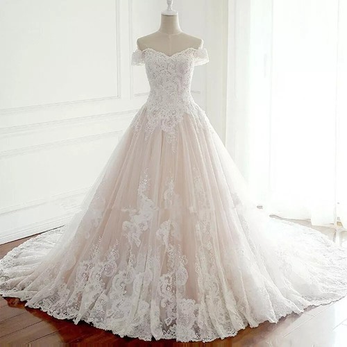 Blush Pink Wedding Dresses Lace Applique Sweetheart Bridal Gowns Sweep Train