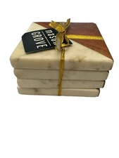 Set Of 4 Marble & Acacia Wood Coaster Set Mason Grove