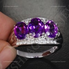 925 Sterling Silver 4.5x9 mm Oval Shape natural Amethyst band Cubic Zirconiaband