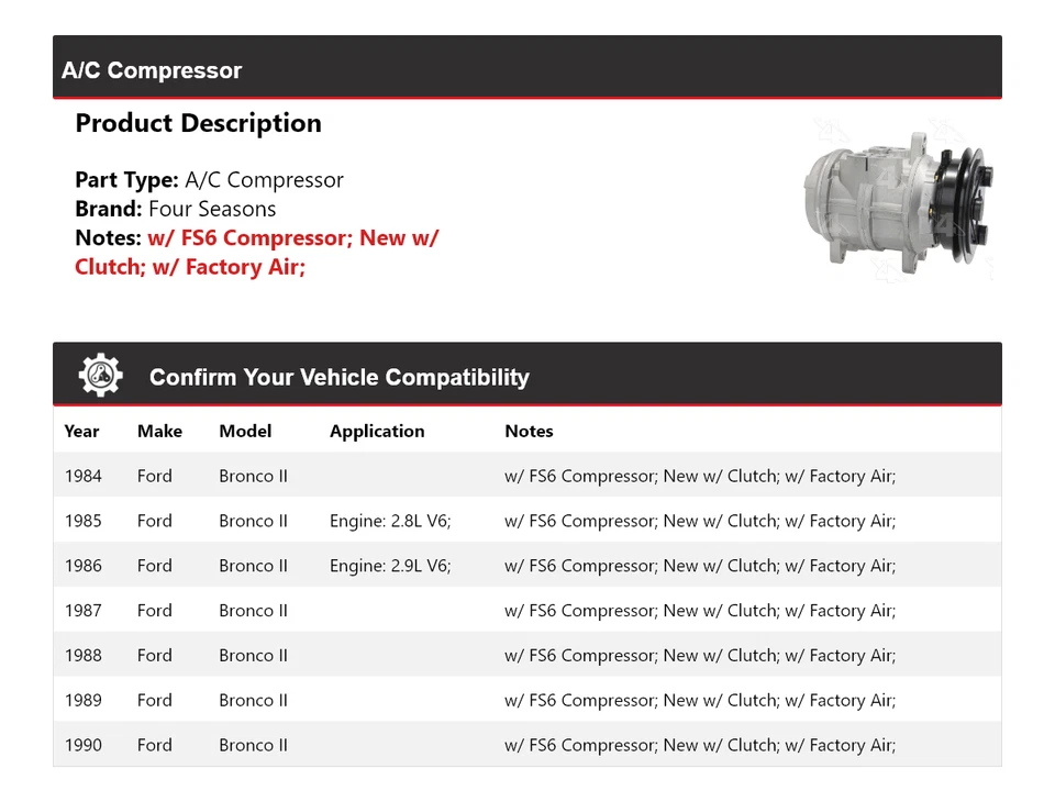 Compresor de aire acondicionado Ford Bronco II 1984-1990 4 estaciones 1985 1986 1987 1988 1989 Foto 2 de 4