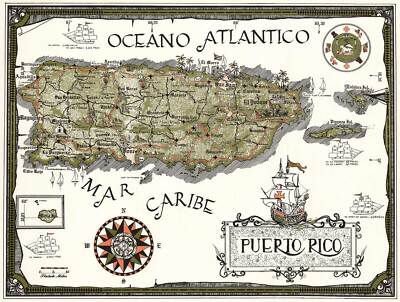 Mid-Century Pictorial Map of Puerto Rico Caribbean Wall Art Poster Print Decor