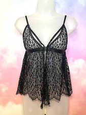 Black Lace Babydoll Lingerie- One Size, Front Closure, Adjustable Straps, Floral