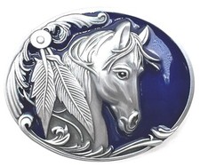 Western Horse Feathers Rodeo Blue Enameled Belt Buckle New