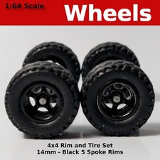 14mm 4x4 Truck Tire Sets - Black Blackwall 5 spoke for Hot Wheels