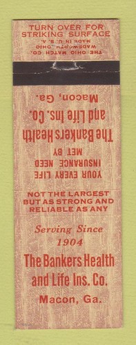 Matchbook Cover - Bankers Health Life Insurance Macon GA WEAR