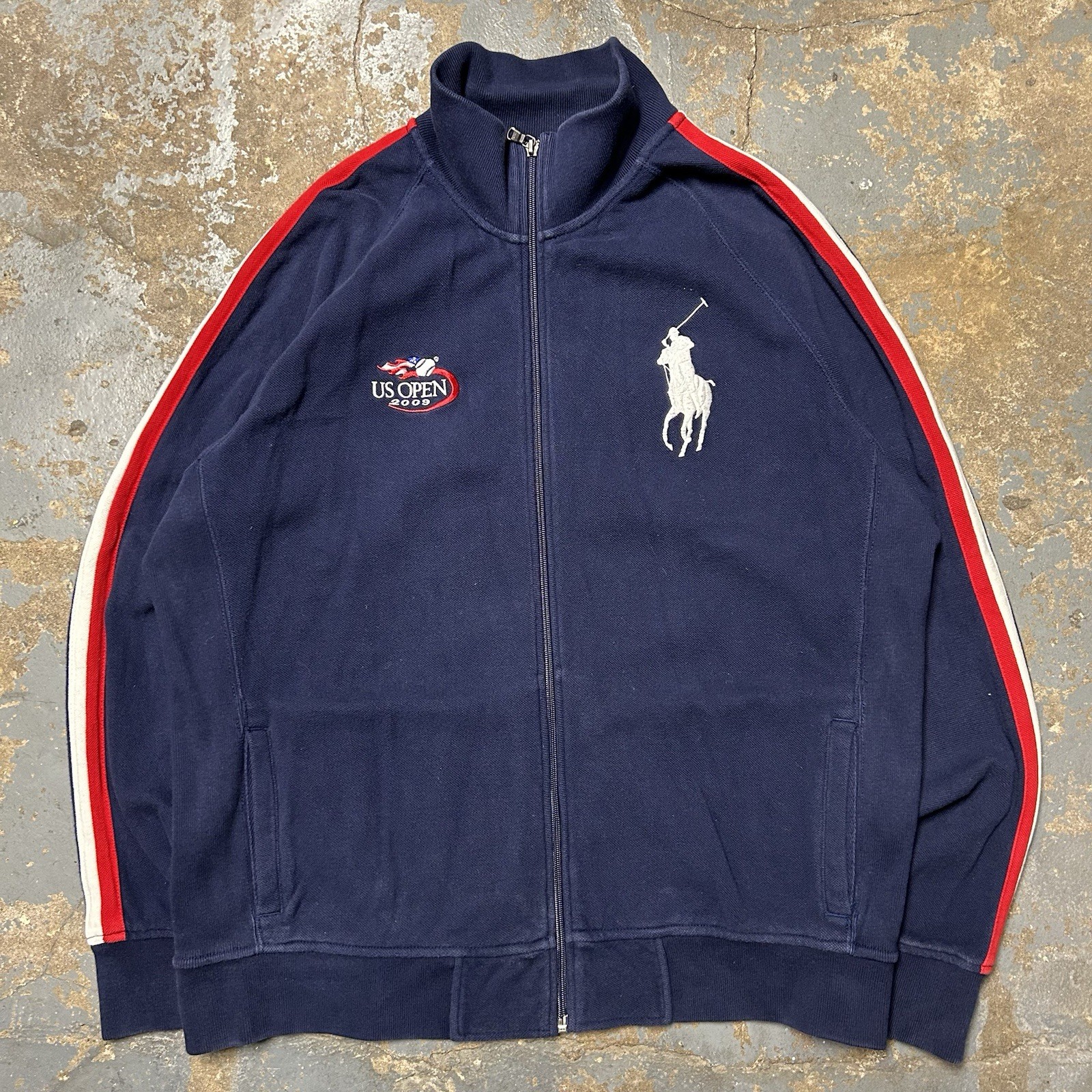 Maglione Vintage Polo Ralph Lauren 2009 US Open Big Pony Blu Full Zip Taglia XL