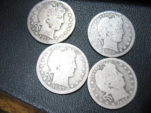 four USA 25 cents Barber quarter dollars old silver coins