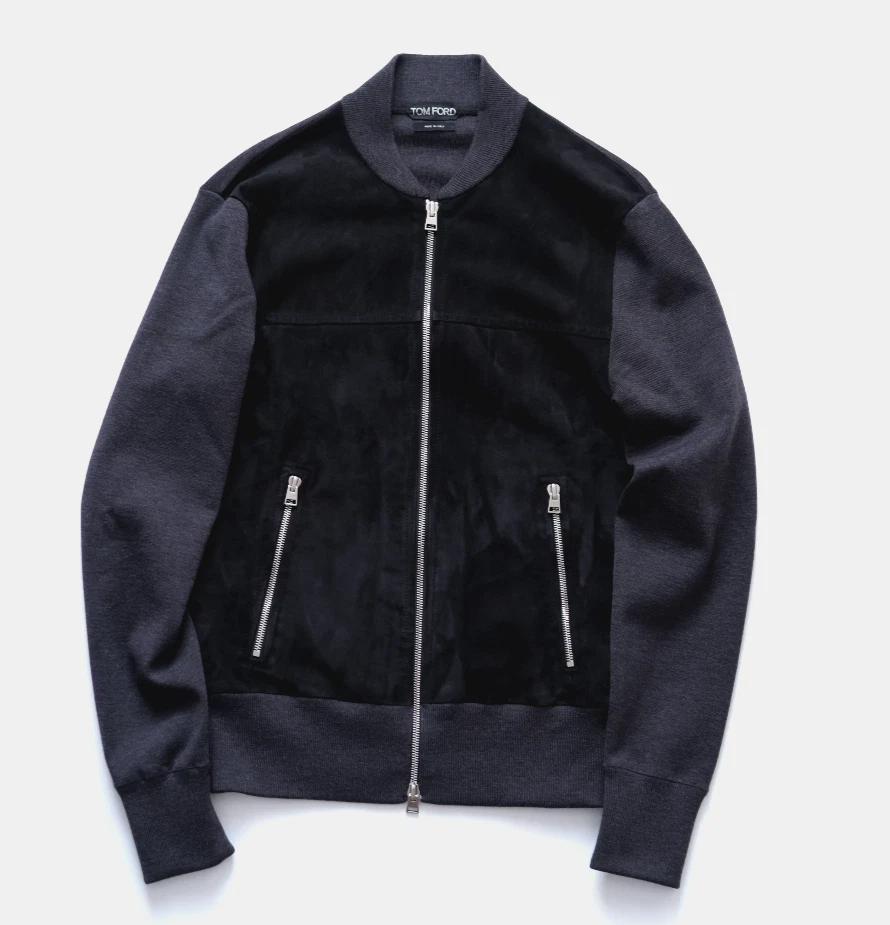 Chaqueta Bomber TOM FORD Negra Gamuza Cuero y Lana Gris Mangas Tejidas Para Hombre Foto 3 de 4