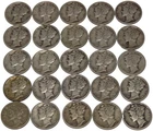 Lot of 25 Mercury Dimes 90% Silver Coins 1936-1945 Circulated US Coin Lot