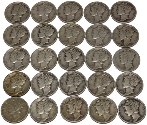 Lot of 25 Mercury Dimes 90% Silver Coins 1936-1945 Circulated US Coin Lot
