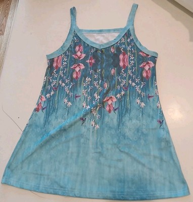 TANK TOP Flowers Hanging Vines Humming Birds Green Pink Japanese Paradise L USED