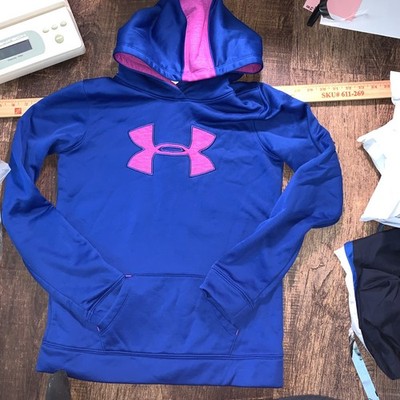 Girls YLG Under Armour Sweatshirt Hoodie Royal Blue with Purple Logo Loose EUC!