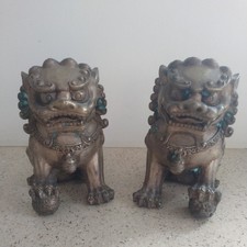Pair of Antique Bronze Guardian Lion Foo Dogs 