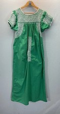 Handmade Mexican Patio Green Flowers Floral Embroidery Midi Dress M Cotton