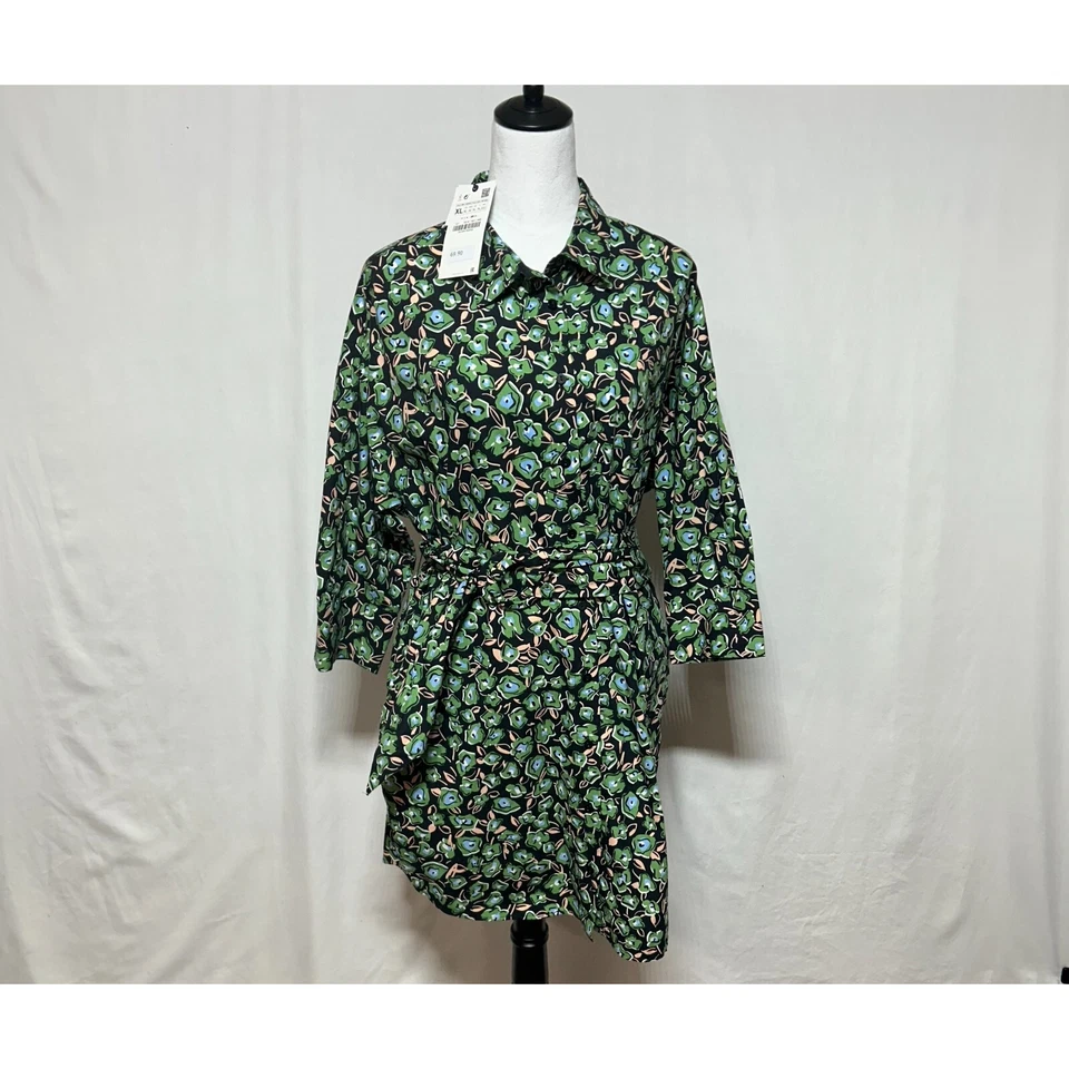 Vestido Camisa Zara XL Hasta la Rodilla Verde Floral Gia Botones Cinturón Nuevo con Etiquetas Foto 2 de 4