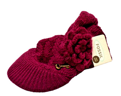 Fossil Braylin Knit Newsboy Cap Visor Hat Beanie Purple New! NWT