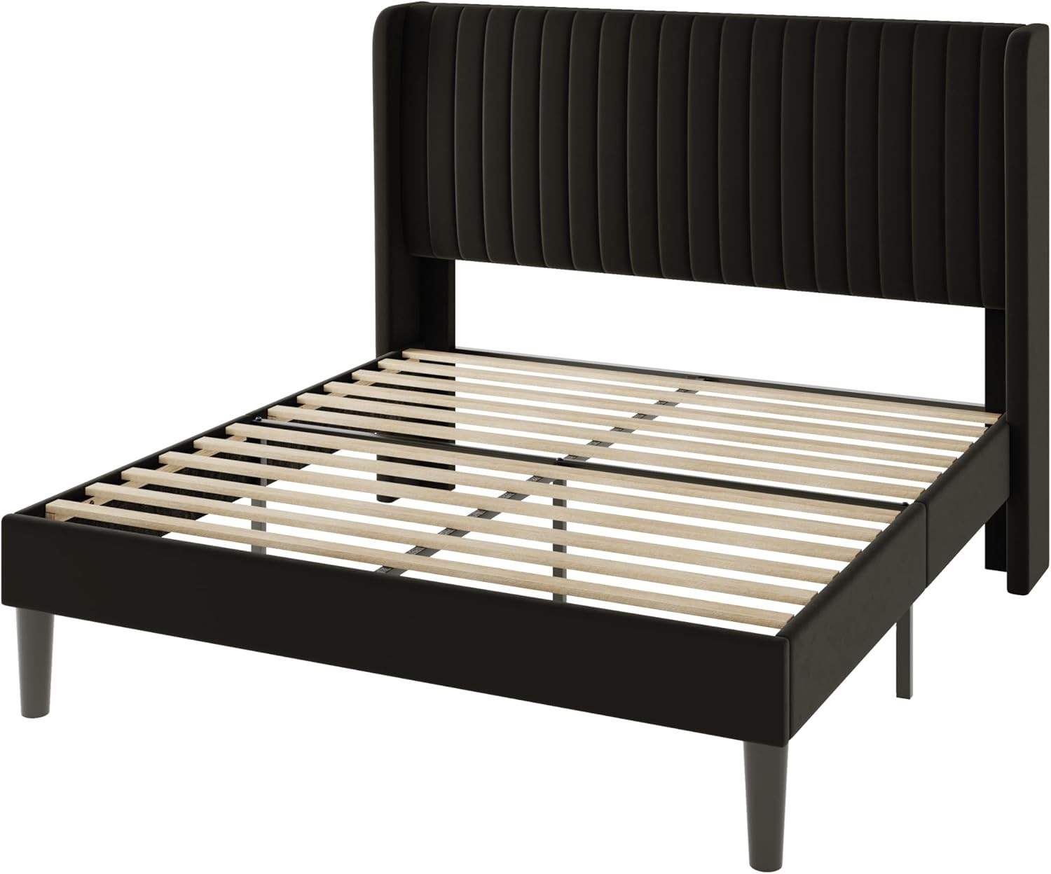 Elegant Black Velvet Queen Bed Frame with Tufted Wingback Headboard