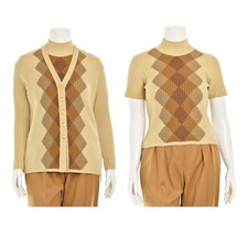 Escada 2Pc Virgin Wool Sweater Set sz M Camel Multi Cardigan Sweater  Top Set
