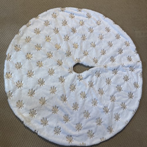 Christmas Tree Skirt 48” White Luxury Faux Fur Gold Sequin Pine Branches