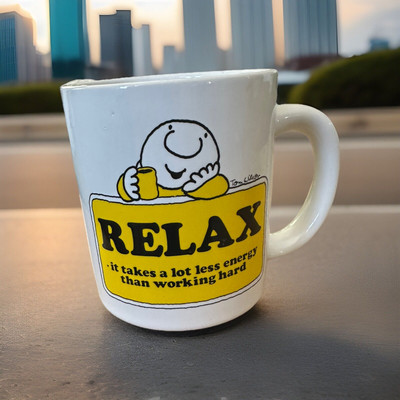 Vintage 1980 WHITE/Yellow  Ziggy Relax Coffee Mug 12 Ounce Cup Stoneware Rare
