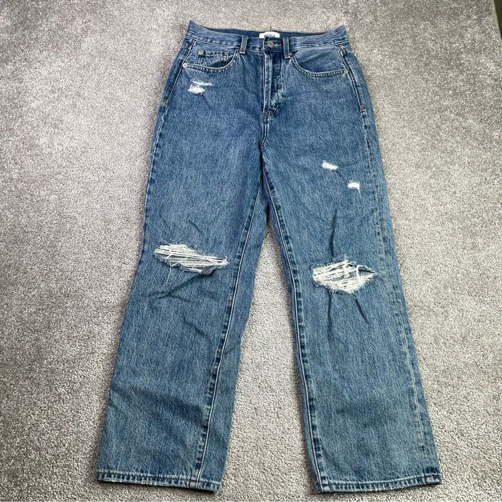 Pistola Distressed Straight Leg Jeans Womens 27 Button Fly Cropped Denim Rips