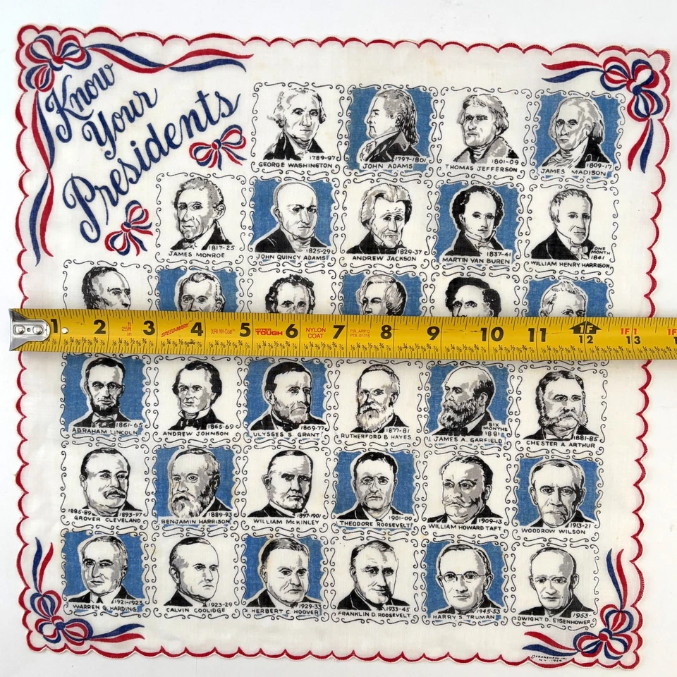 Bufanda Pañuelo Estampado Novedad Dobladillo Vieira Conoce a Tus Presidentes De Colección Años 50 Patriota de EE. UU. Foto 3 de 3