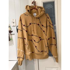 Champion Reverse Weave All Over Print Script Logo Hoodie Tan Camel Mens Large