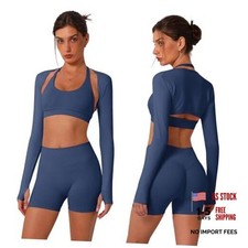 3 Piece Workout Sets for Women Seamless Halter X-Small Dark Sapphire Blue