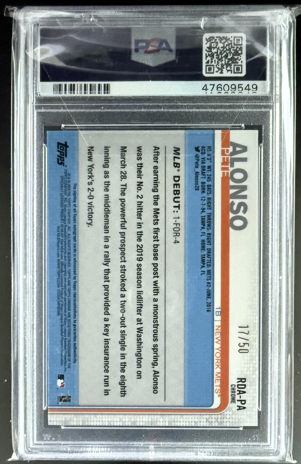 2019 Topps Chrome Update Pete Alonso #PA Gold Refractor Autograph /50 PSA 9 view 2