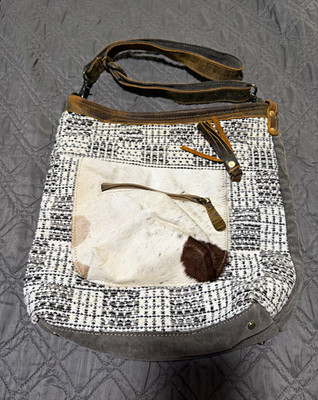 Myra Bag Gray White Woven Shoulder Bag Zip Adjustable Strap