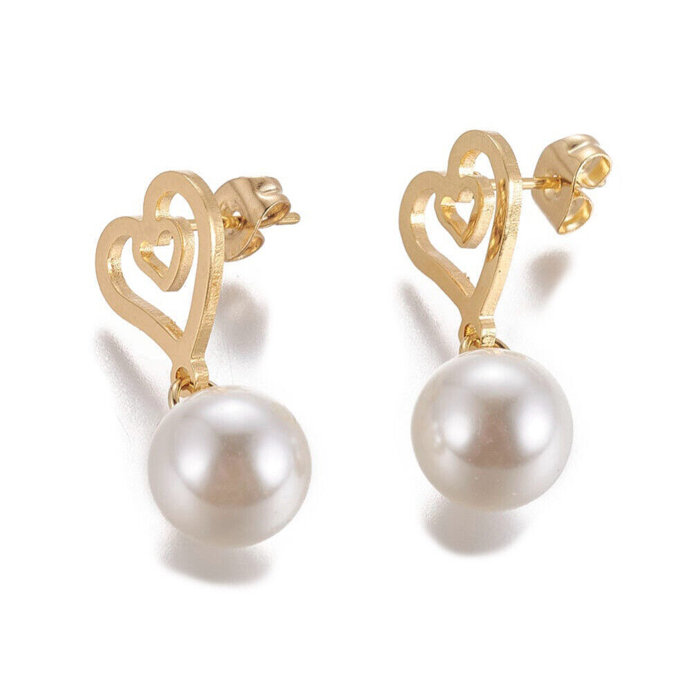 Stainless Steel Dangle Stud Earrings Pearl Heart Gold 28.5mm Stainless Steel Dangle Stud Earrings Pearl Heart Gold 28.5mm