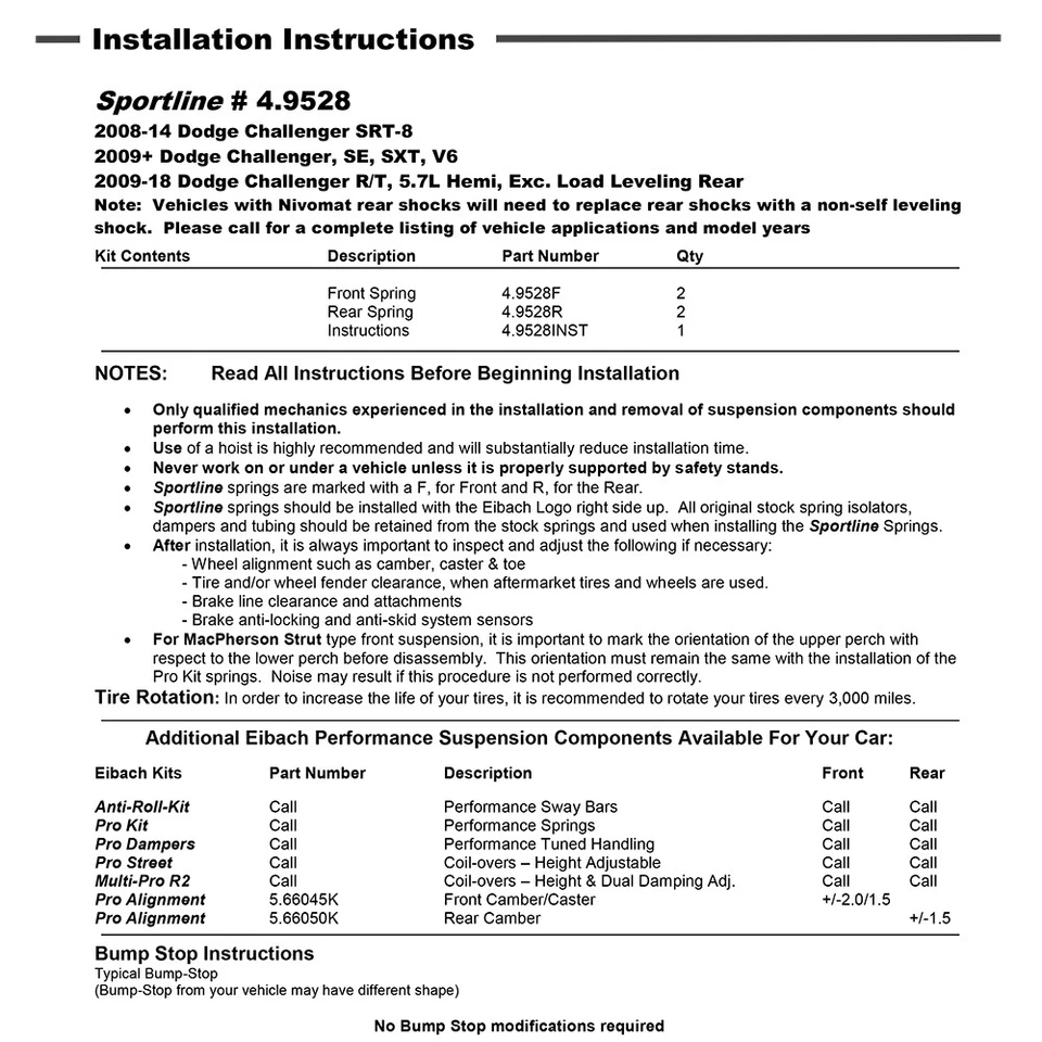 Kit de molas rebaixadoras dianteiras e traseiras Eibach 4.9528 SPORTLINE para 08-23 Challenger - Imagem 2 de 4