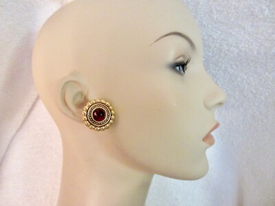 Ciner Amethyst Glass Cabochon Clip Earrings Etruscan Signed Vintage Gold Plated 
