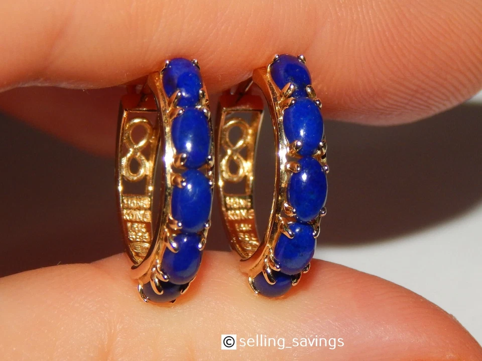 14K YELLOW GOLD 2.50 TCW CABOCHON LAPIS 8/10th INCH LEVERBACK HOOP EARRINGS - Image 4 of 4