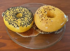 Vtg. Set of 2 Art Glass Seeded Bagels- Life Size On Signed Bagel Plate- 1996
