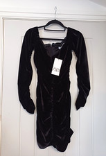 ZARA Size Medium Black Velvet Ruched Long Sleeve Bodycon Dress Zip Back BNWT