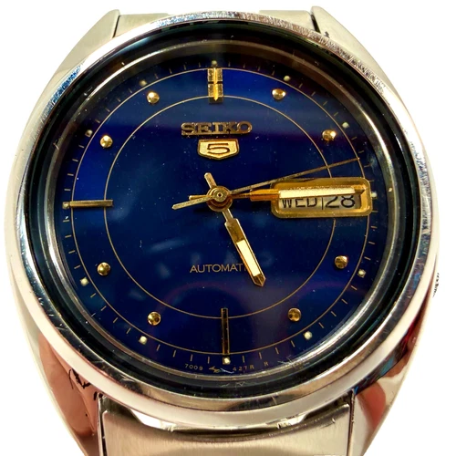Vintage Seiko 5 Automatic 7009-3040 Blue Dial Day-Date Mens Watch