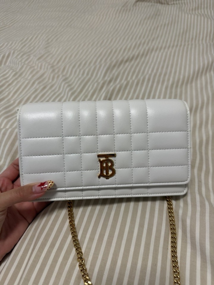 Burberry Lola White Quilted Leather Mini Crossbody Bag Gold Chain TB Logo